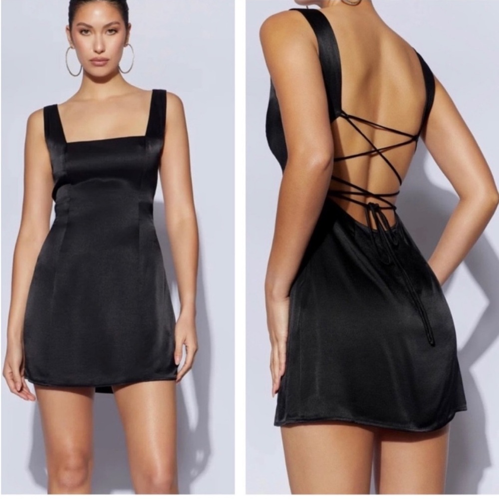 NWT Meshki Carina‎ Tie Back Black Mini Slip Dress SIZE L large